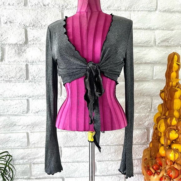 Urban Outfitters Silver Knit Long Sleeve Knot Front Crop Top Sz L A-1 - Picture 2 of 6